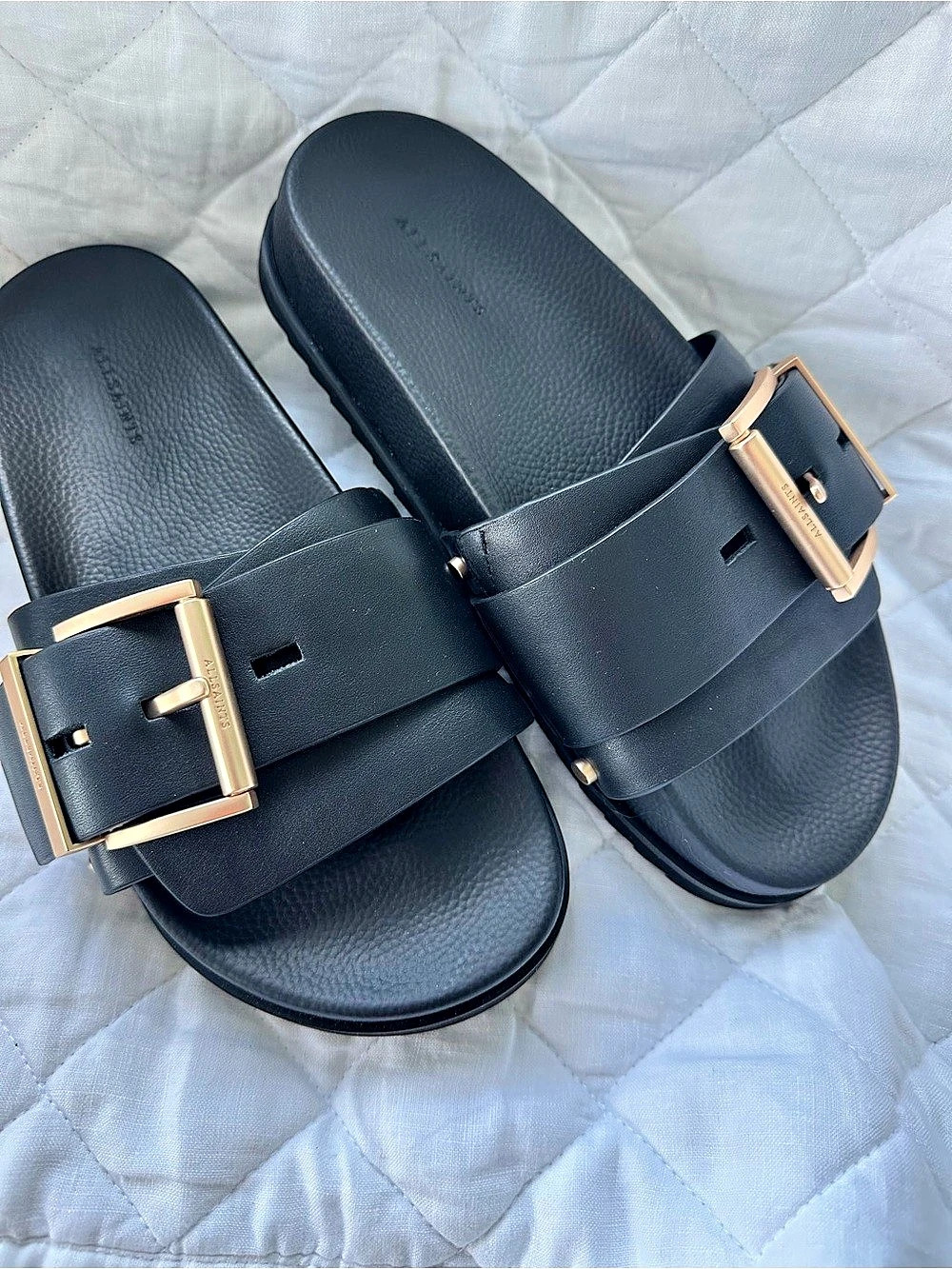 ALLSAINTS Ellie Stud Buckle Leather Slider Sandals Black - US 8 - Like New